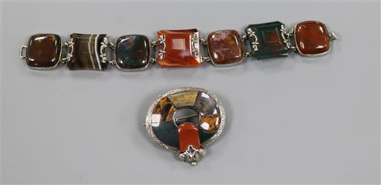 A white metal and Scottish hardstone bracelet and a similar brooch, bracelet 18cm.